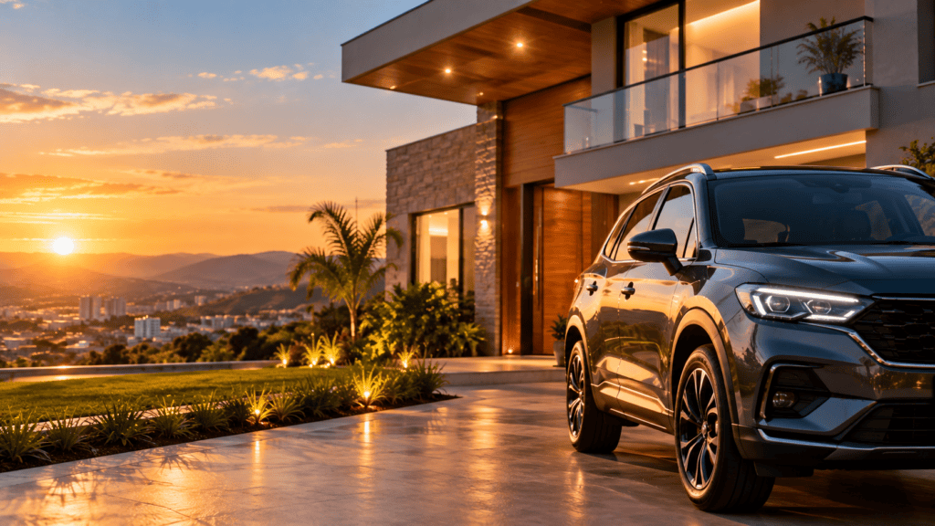 Casa Moderna e SUV ao Pôr do Sol