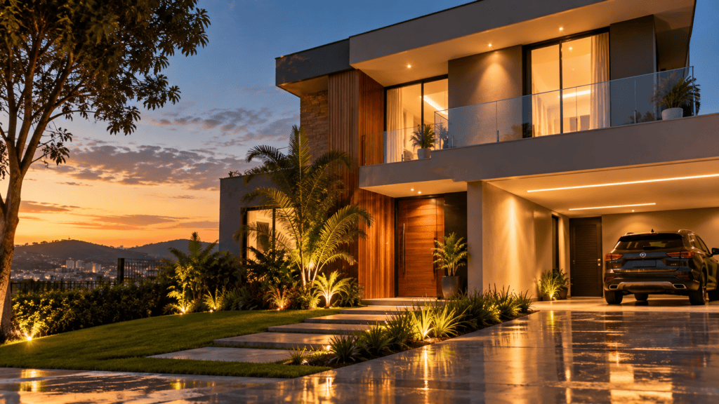 Casa moderna iluminada ao entardecer