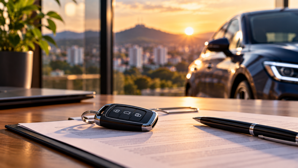 Chaves e contrato ao pôr do sol