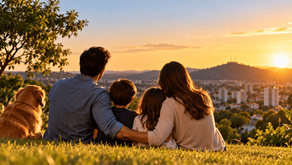 Família e Cachorro ao Pôr do Sol
