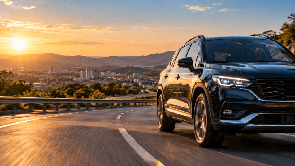 SUV moderna ao pôr do sol na serra