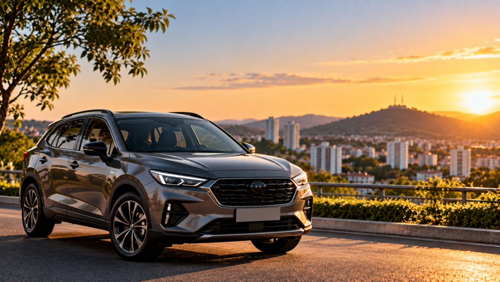 SUV moderna ao pôr do sol urbano